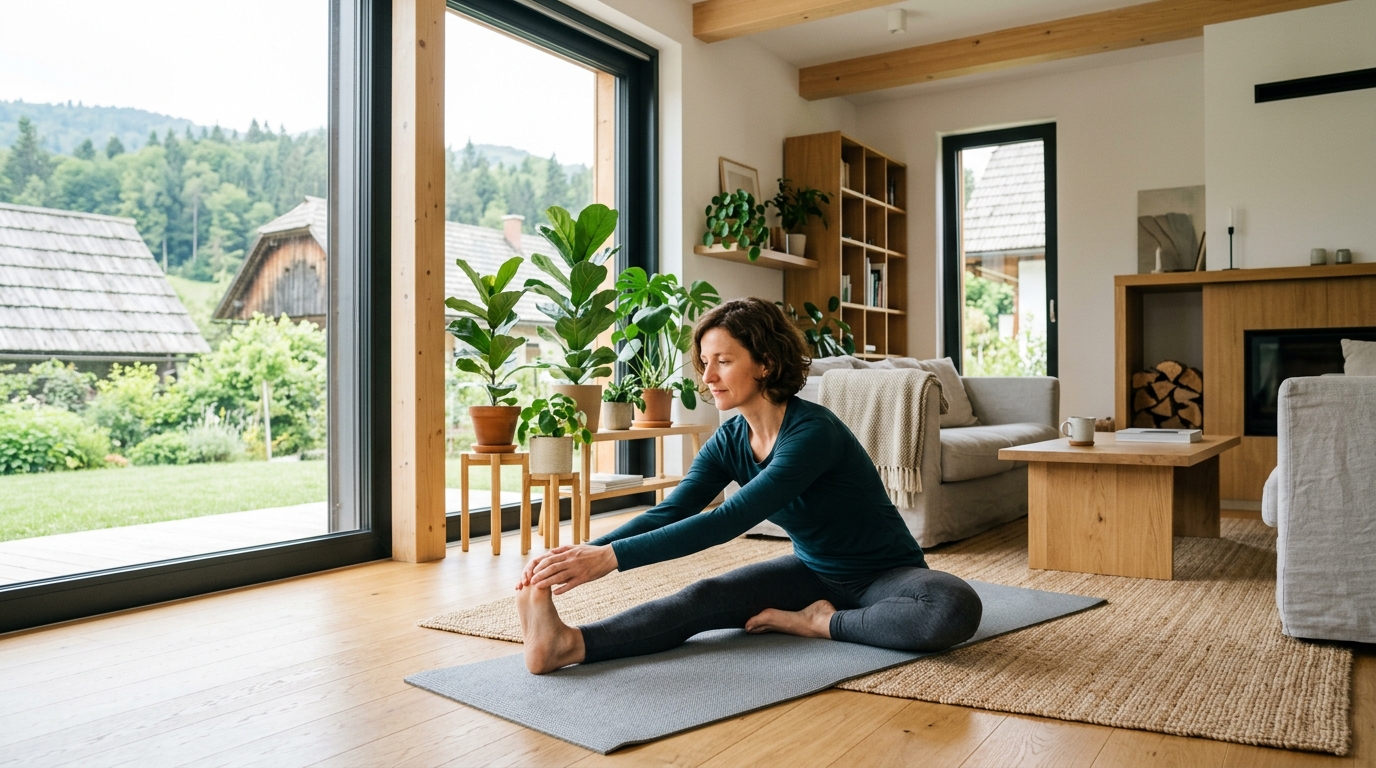 Ženska razteza roke v svetli dnevni sobi