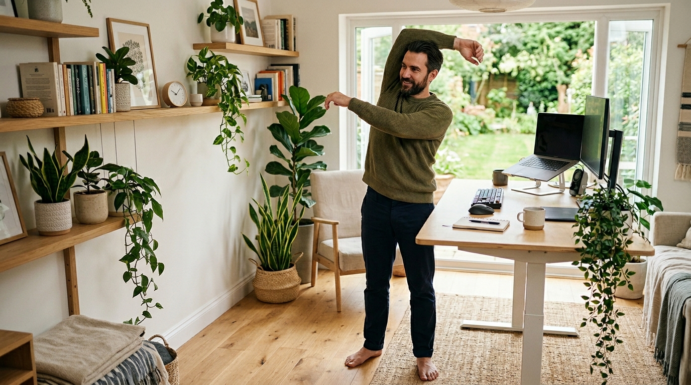 Moški dela raztezne vaje v domači pisarni