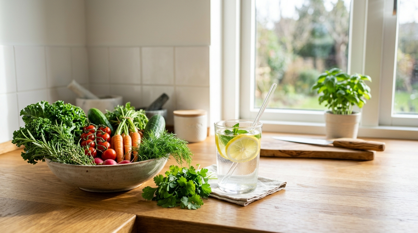 Zdrava zelenjava in kozarec vode na kuhinjski polici